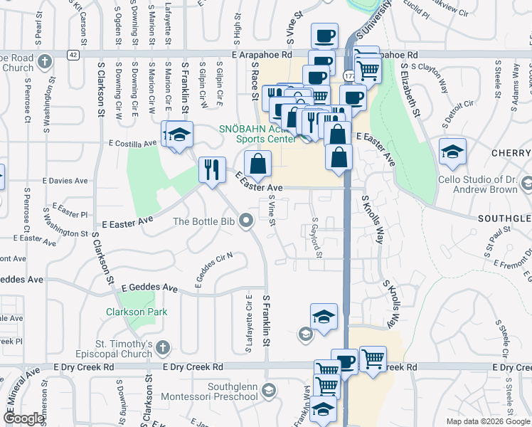 map of restaurants, bars, coffee shops, grocery stores, and more near 7125 South Vine Circle East in Centennial