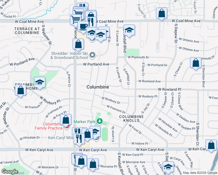 map of restaurants, bars, coffee shops, grocery stores, and more near 6371 West Rowland Avenue in Littleton