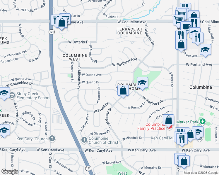 map of restaurants, bars, coffee shops, grocery stores, and more near 7659 West Fremont Avenue in Littleton