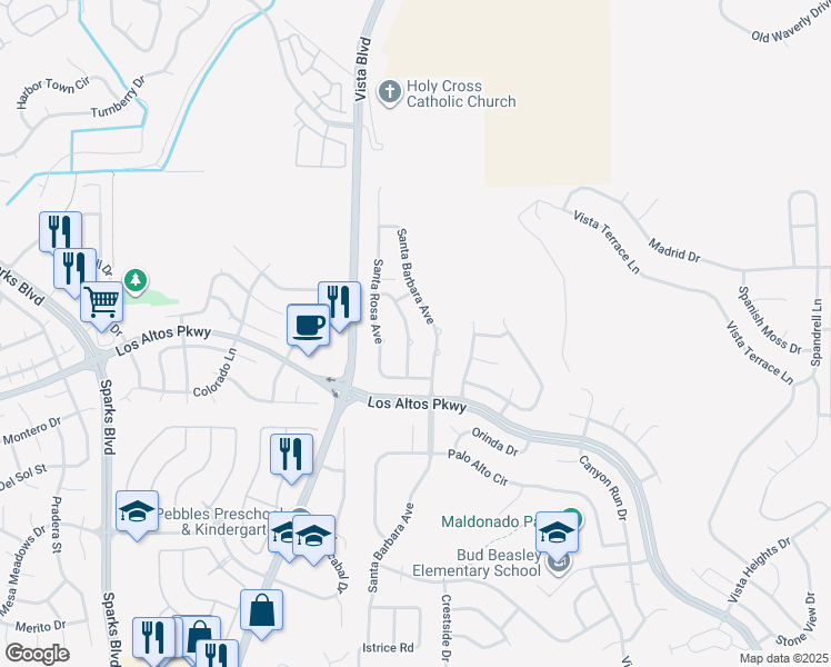 map of restaurants, bars, coffee shops, grocery stores, and more near 5325 Santa Barbara Avenue in Sparks