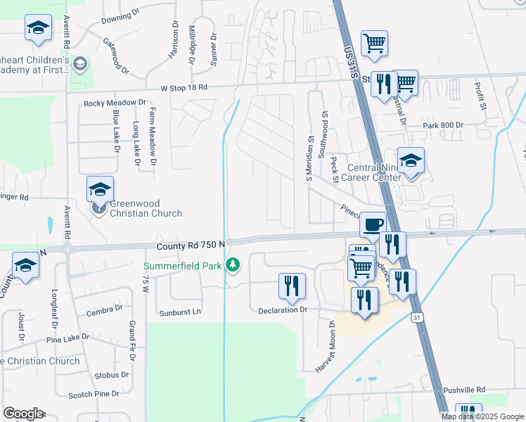 map of restaurants, bars, coffee shops, grocery stores, and more near 2062 Jaden Lane in Greenwood
