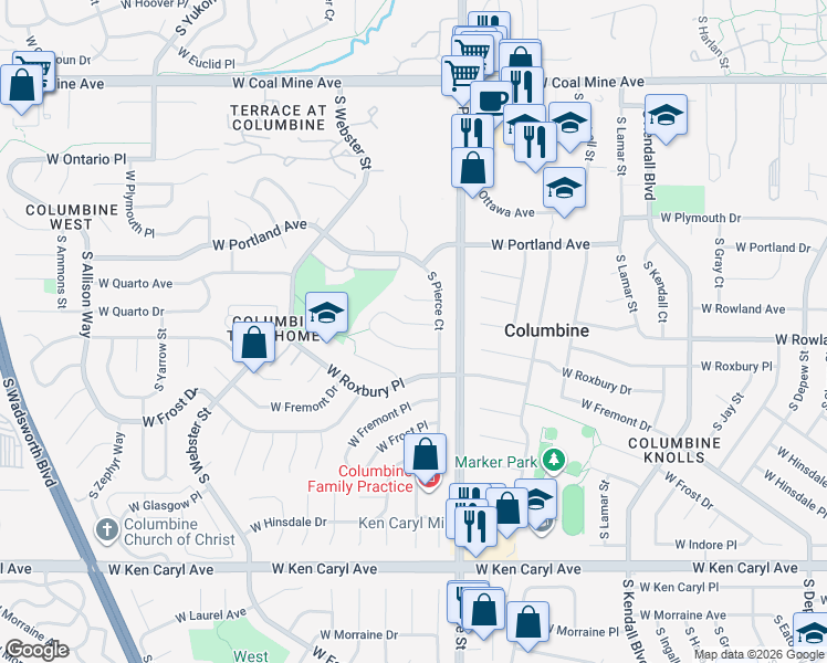 map of restaurants, bars, coffee shops, grocery stores, and more near 6936 West Rowland Avenue in Littleton