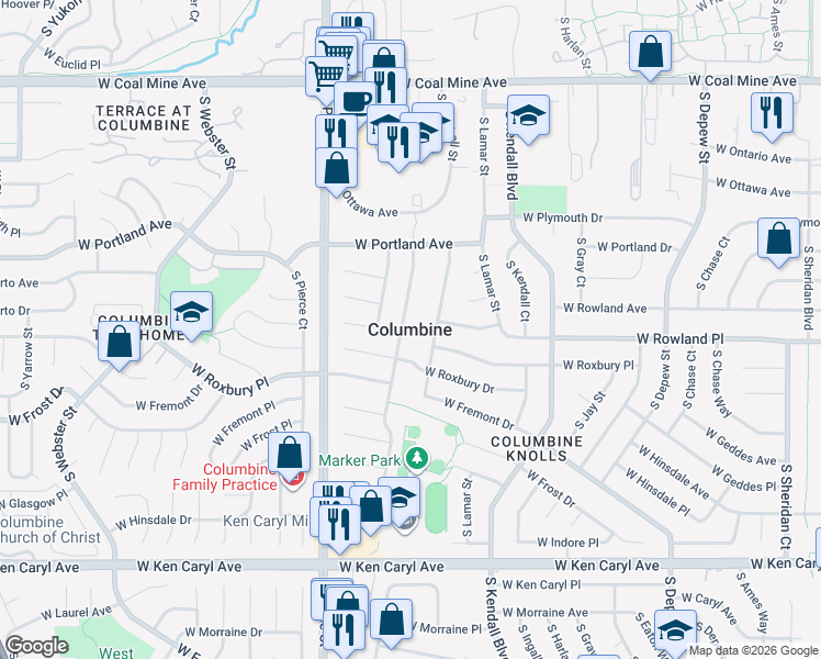 map of restaurants, bars, coffee shops, grocery stores, and more near in Columbine