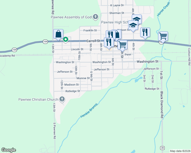 map of restaurants, bars, coffee shops, grocery stores, and more near 801-899 Monroe Street in Pawnee