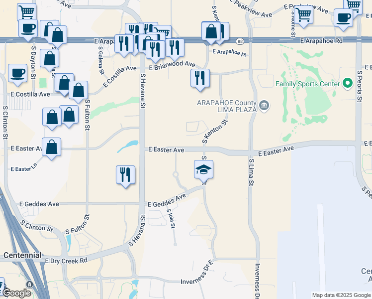 map of restaurants, bars, coffee shops, grocery stores, and more near 10771 East Easter Avenue in Englewood