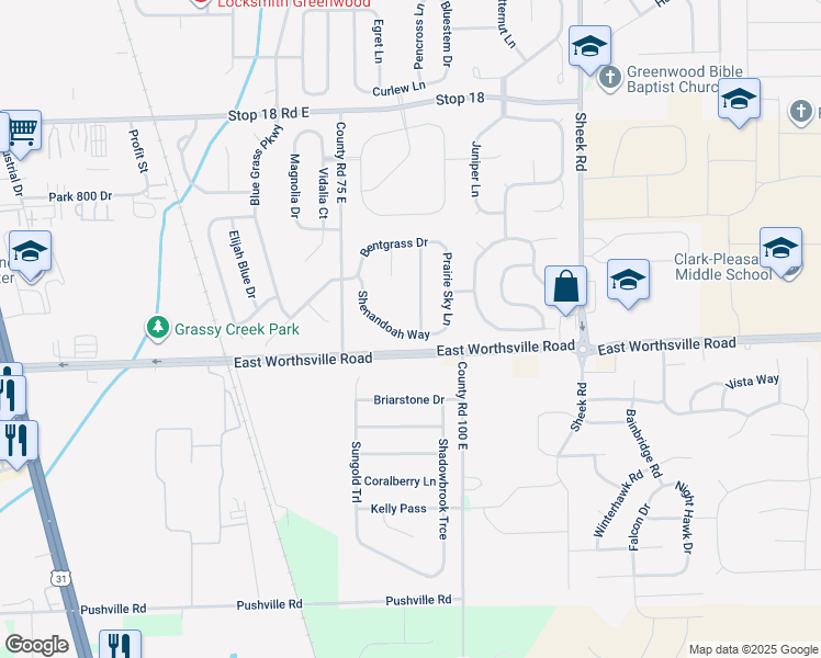 map of restaurants, bars, coffee shops, grocery stores, and more near 950 Shenandoah Way in Greenwood