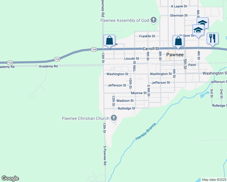 map of restaurants, bars, coffee shops, grocery stores, and more near 1000-1298 Jefferson Street in Pawnee