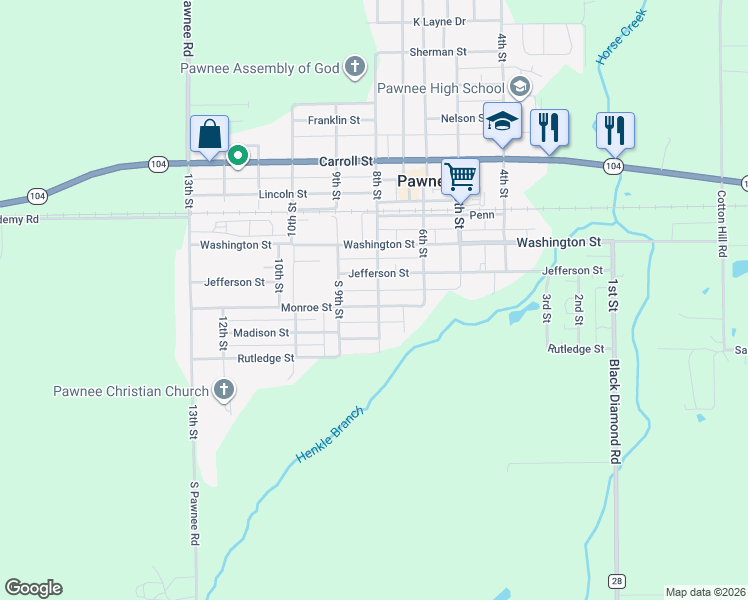 map of restaurants, bars, coffee shops, grocery stores, and more near 801 Monroe Street in Pawnee