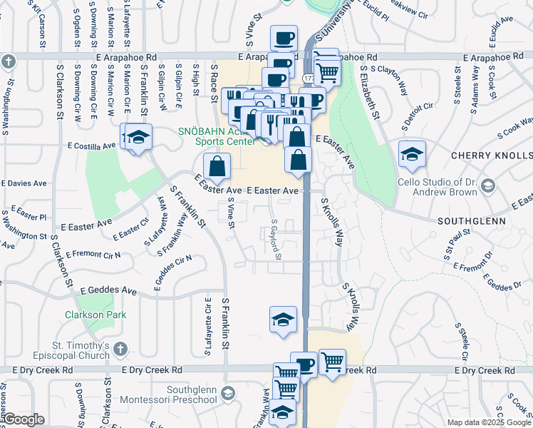 map of restaurants, bars, coffee shops, grocery stores, and more near 7165 South Gaylord Street in Centennial
