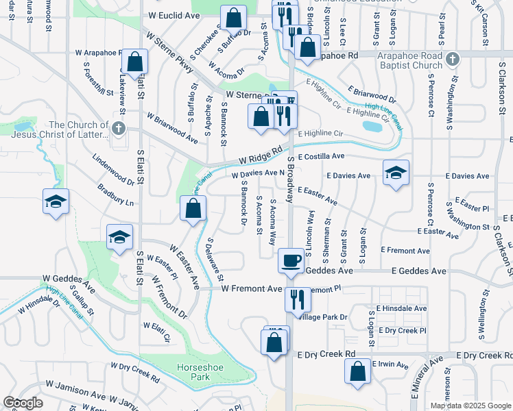 map of restaurants, bars, coffee shops, grocery stores, and more near 7296 South Bannock Drive in Littleton