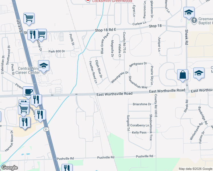 map of restaurants, bars, coffee shops, grocery stores, and more near 748 Wheatgrass Drive in Greenwood