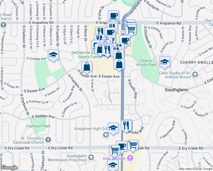 map of restaurants, bars, coffee shops, grocery stores, and more near 7165 South Gaylord Street in Centennial