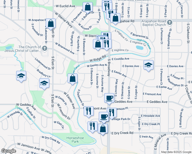 map of restaurants, bars, coffee shops, grocery stores, and more near 7296 South Bannock Drive in Littleton