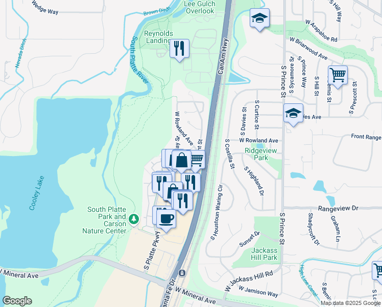 map of restaurants, bars, coffee shops, grocery stores, and more near 2910 West Rowland Place in Littleton