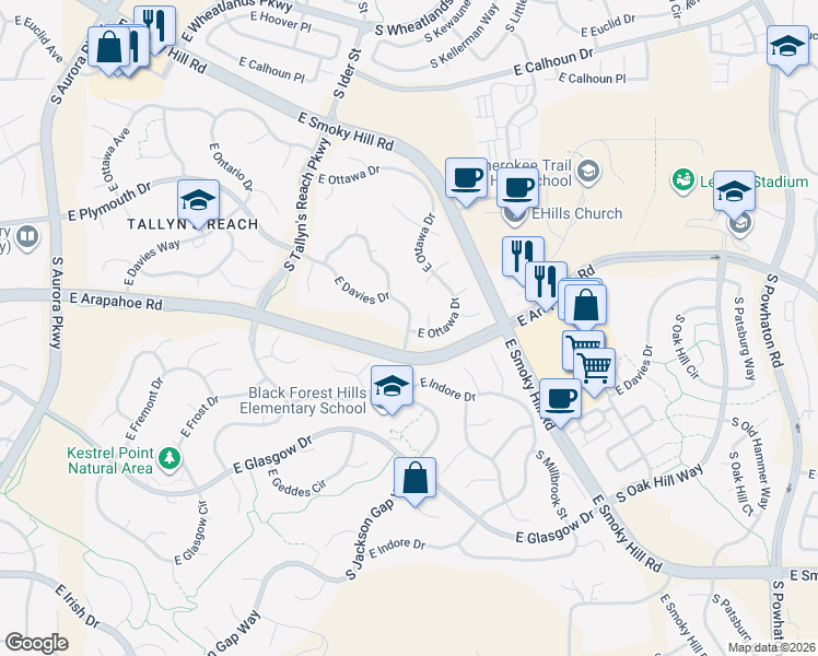 map of restaurants, bars, coffee shops, grocery stores, and more near Davies Drive in Aurora