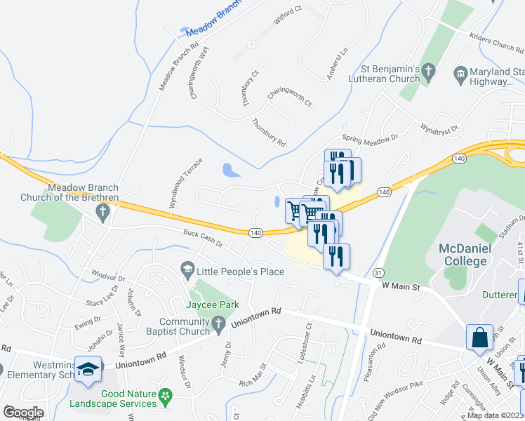 map of restaurants, bars, coffee shops, grocery stores, and more near 600 Taneytown Pike in Westminster