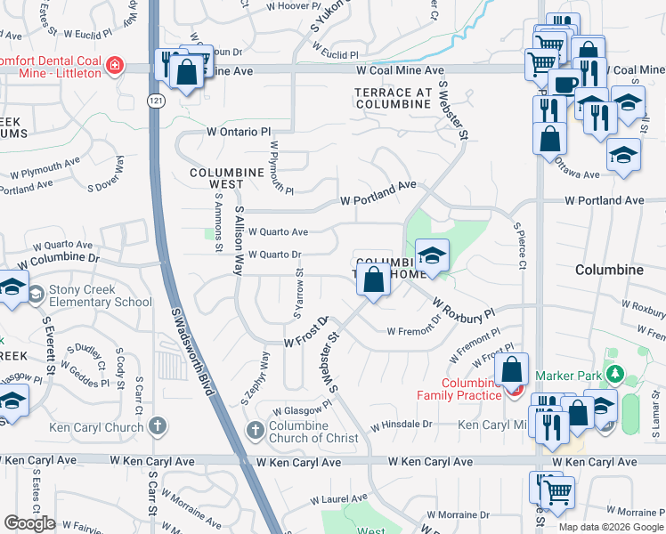 map of restaurants, bars, coffee shops, grocery stores, and more near 7659 West Fremont Avenue in Littleton