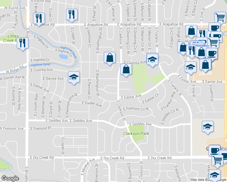 map of restaurants, bars, coffee shops, grocery stores, and more near 1061 East Easter Place in Centennial