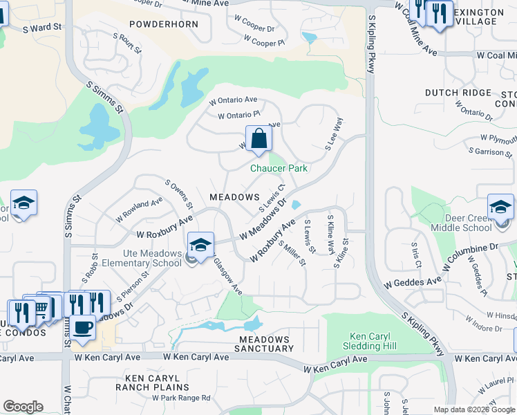 map of restaurants, bars, coffee shops, grocery stores, and more near 10550 West Rowland Place in Littleton