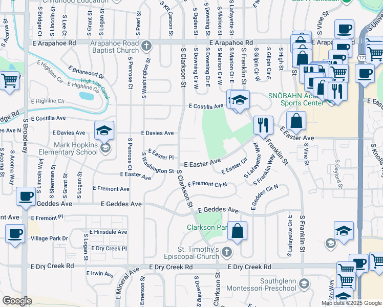 map of restaurants, bars, coffee shops, grocery stores, and more near 1158 East Easter Court in Centennial