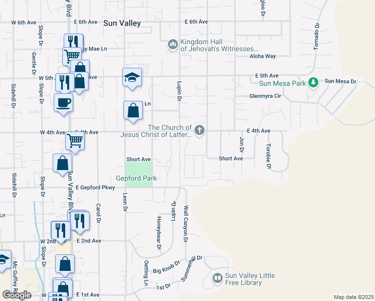 map of restaurants, bars, coffee shops, grocery stores, and more near 5428 Lupin Drive in Sun Valley