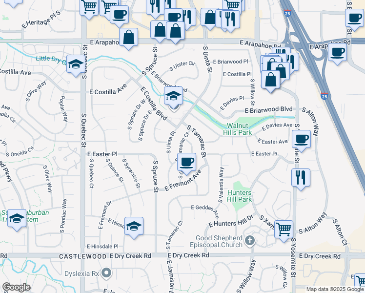 map of restaurants, bars, coffee shops, grocery stores, and more near 7097 South Ulster Street in Centennial