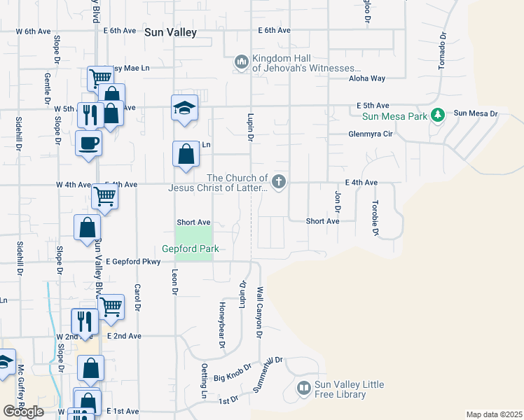 map of restaurants, bars, coffee shops, grocery stores, and more near 5428 Lupin Drive in Sun Valley