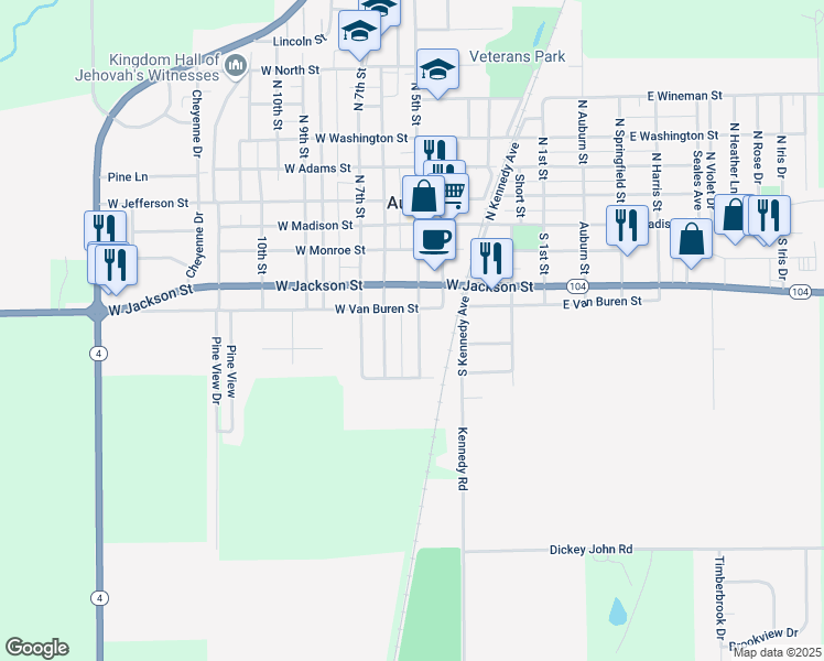 map of restaurants, bars, coffee shops, grocery stores, and more near 414 South 5th Street in Auburn