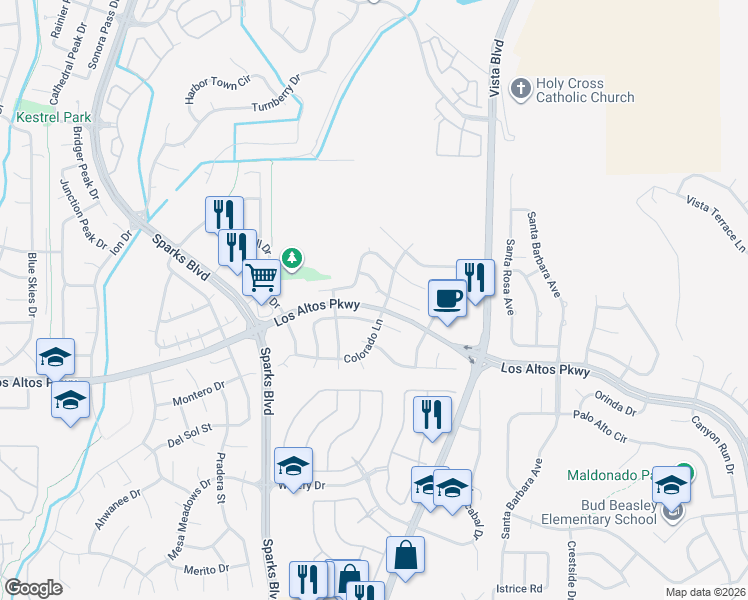 map of restaurants, bars, coffee shops, grocery stores, and more near 1291 Cibola Drive in Sparks