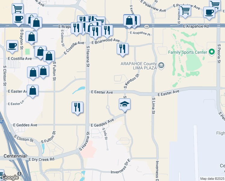 map of restaurants, bars, coffee shops, grocery stores, and more near 10771 East Easter Avenue in Englewood