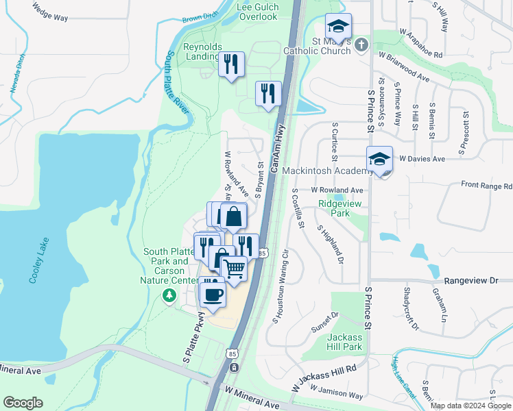 map of restaurants, bars, coffee shops, grocery stores, and more near 7099 South Bryant Street in Littleton
