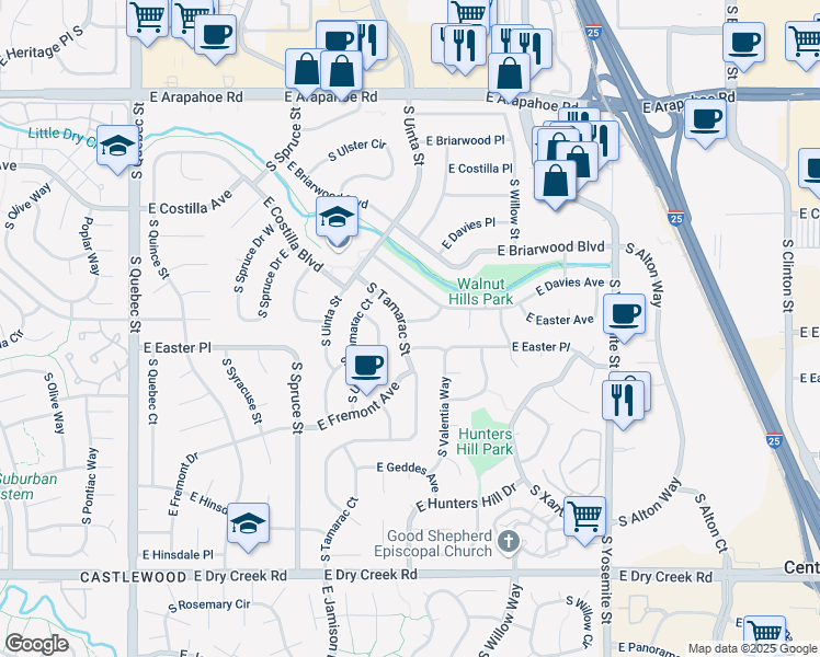 map of restaurants, bars, coffee shops, grocery stores, and more near 7094 South Tamarac Street in Centennial