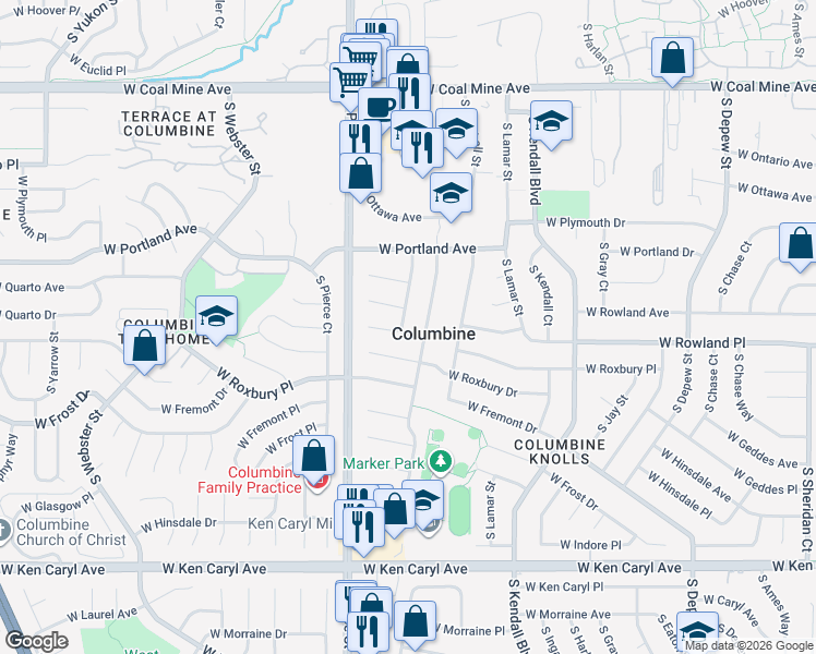 map of restaurants, bars, coffee shops, grocery stores, and more near 7090 S Newland Ct in Littleton