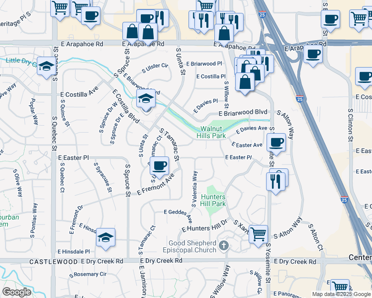 map of restaurants, bars, coffee shops, grocery stores, and more near 7094 South Tamarac Street in Centennial