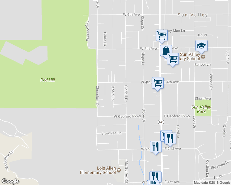 map of restaurants, bars, coffee shops, grocery stores, and more near 5350 Koala Lane in Sun Valley