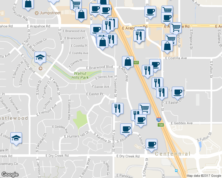 map of restaurants, bars, coffee shops, grocery stores, and more near 8866 East Easter Avenue in Centennial
