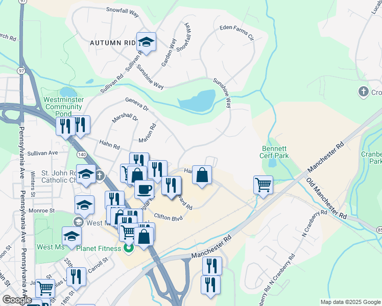 map of restaurants, bars, coffee shops, grocery stores, and more near 309 Sunshine Way in Westminster