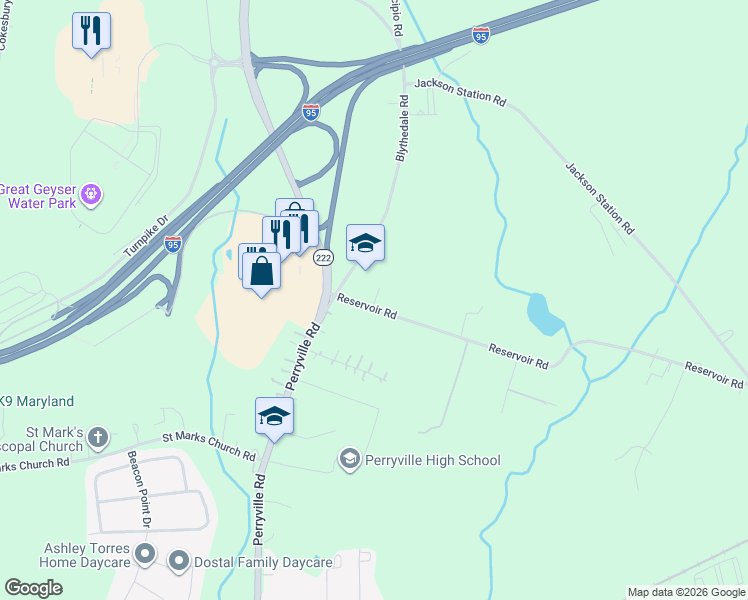 map of restaurants, bars, coffee shops, grocery stores, and more near 39 Reservoir Road in Perryville