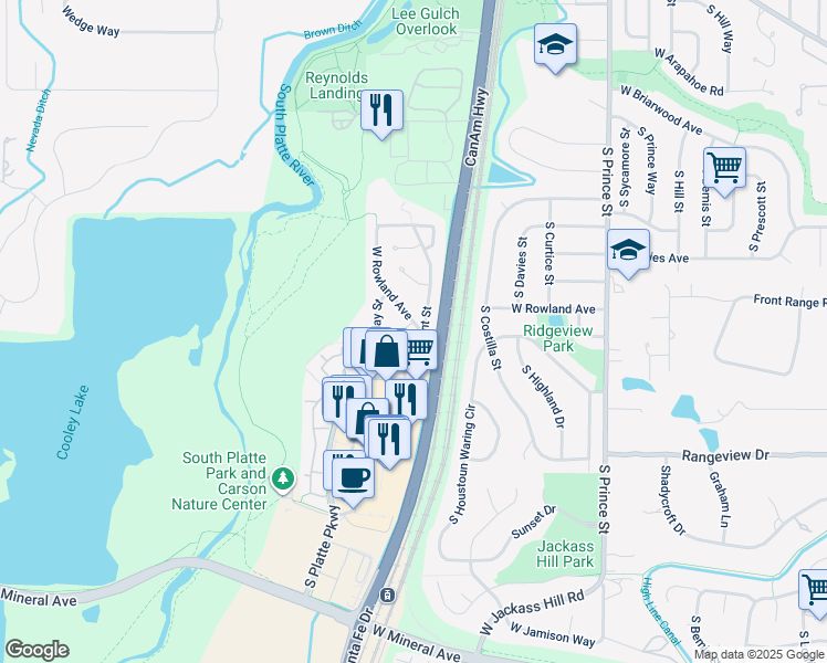 map of restaurants, bars, coffee shops, grocery stores, and more near 2870 West Rowland Place in Littleton