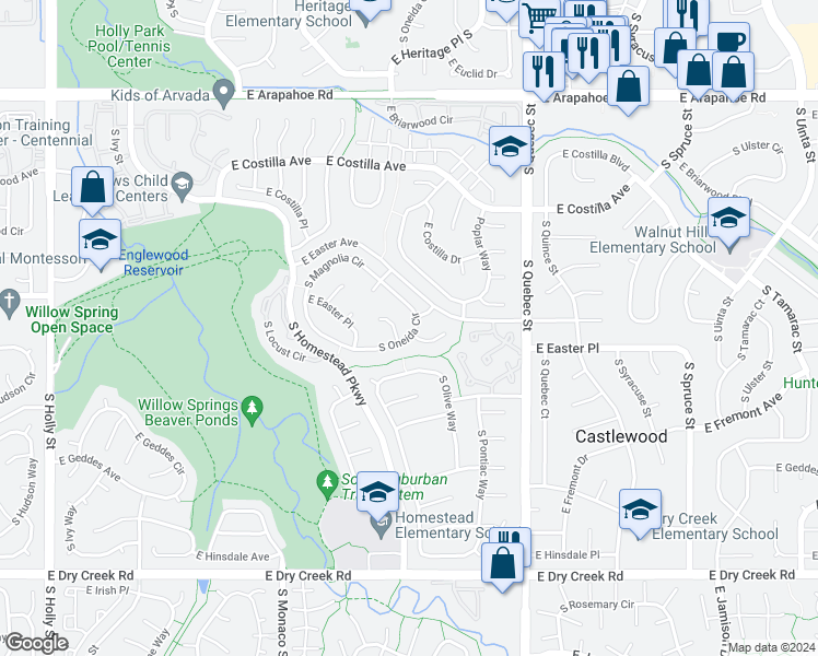 map of restaurants, bars, coffee shops, grocery stores, and more near 7083 South Oneida Circle in Centennial