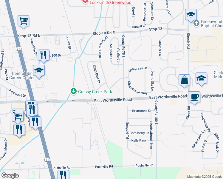 map of restaurants, bars, coffee shops, grocery stores, and more near 781 Wheatgrass Drive in Greenwood