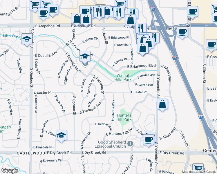 map of restaurants, bars, coffee shops, grocery stores, and more near 7094 South Tamarac Street in Centennial