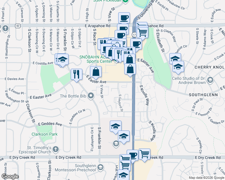 map of restaurants, bars, coffee shops, grocery stores, and more near 7130 South Vine Circle East in Centennial