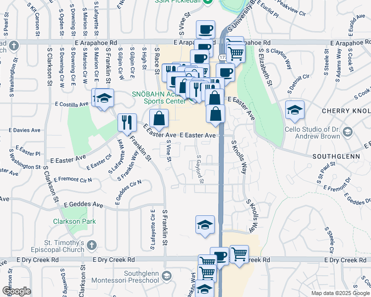 map of restaurants, bars, coffee shops, grocery stores, and more near 7130 South Vine Circle East in Centennial