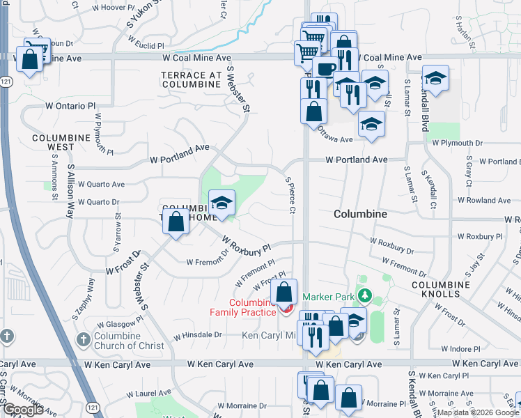 map of restaurants, bars, coffee shops, grocery stores, and more near 6995 West Rowland Avenue in Littleton