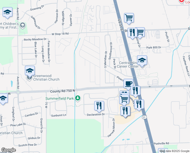 map of restaurants, bars, coffee shops, grocery stores, and more near 1872 Eastwood Street in Greenwood