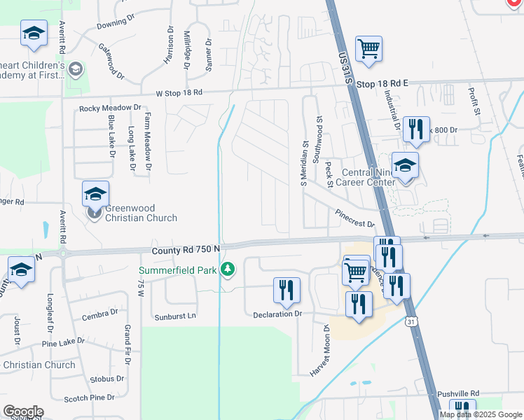 map of restaurants, bars, coffee shops, grocery stores, and more near 2062 Jaden Lane in Greenwood