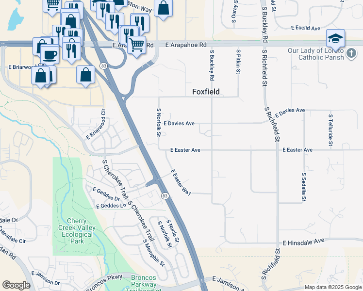 map of restaurants, bars, coffee shops, grocery stores, and more near 16619 East Easter Avenue in Foxfield