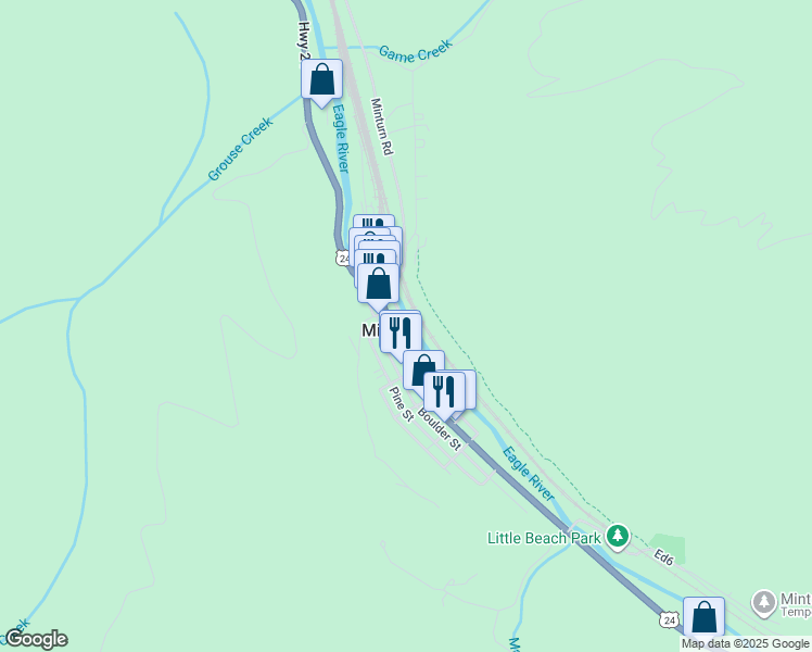 map of restaurants, bars, coffee shops, grocery stores, and more near 202 Eagle River Street in Minturn