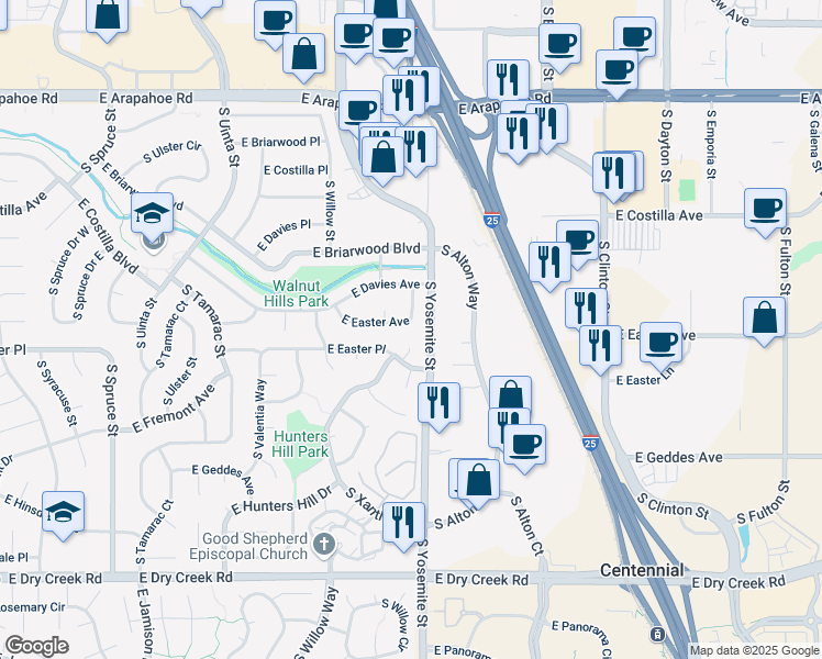map of restaurants, bars, coffee shops, grocery stores, and more near 8866 East Easter Avenue in Centennial
